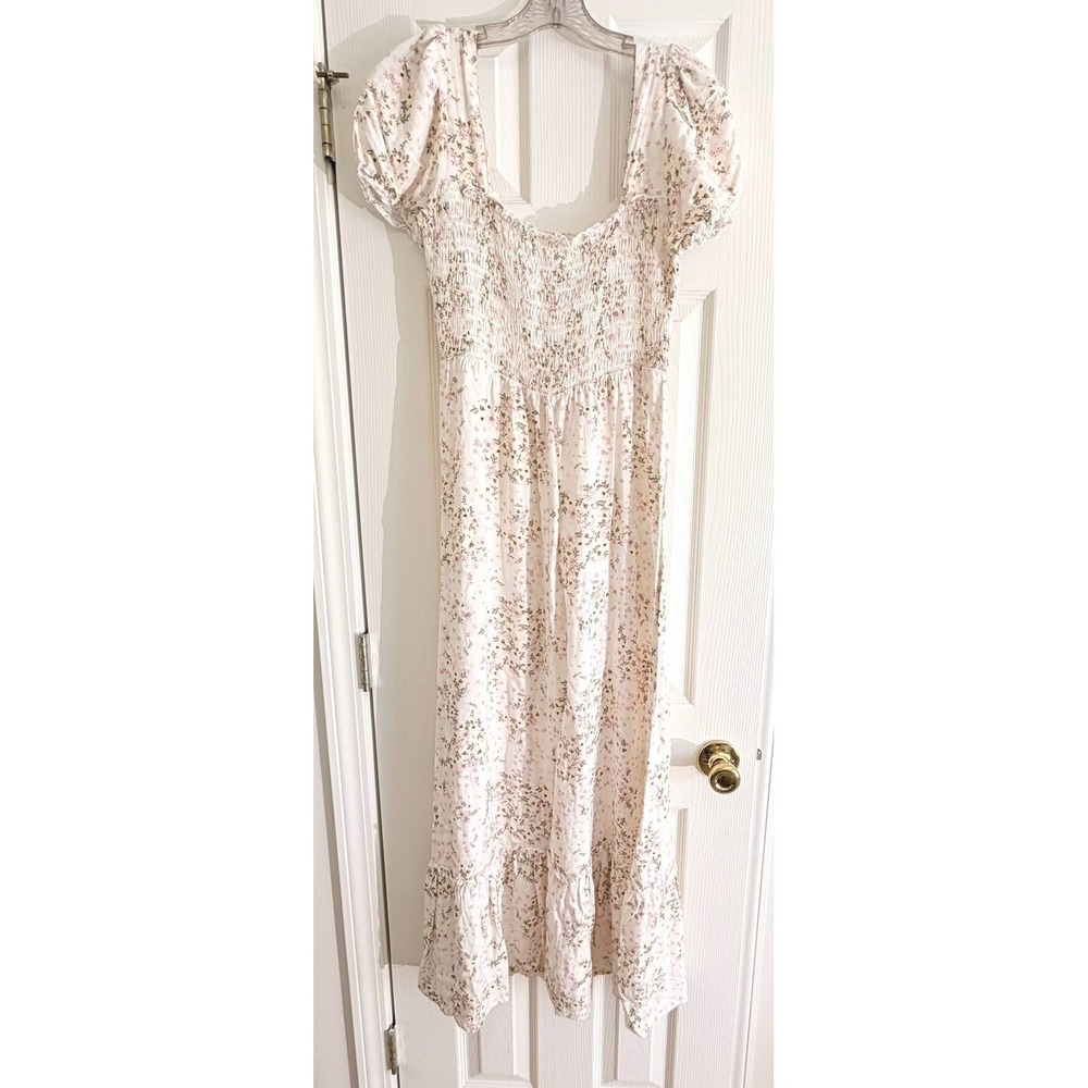 Bebop Floral Maxi Dress Womens Medium OFF White Ditsy Smocked Puff Sleeve Boho